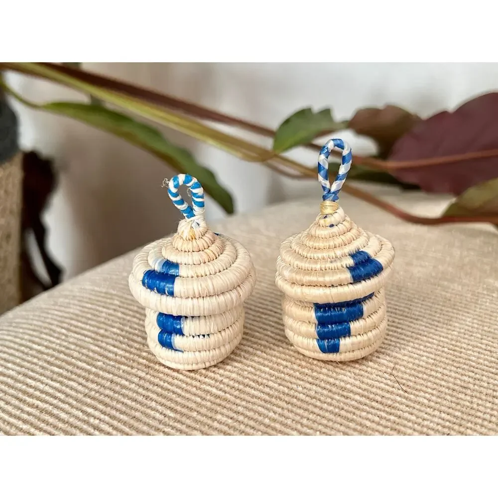 African Woven Baskets Pair Boho Hanging Jewelry Ring Box Tan Blue Rattan